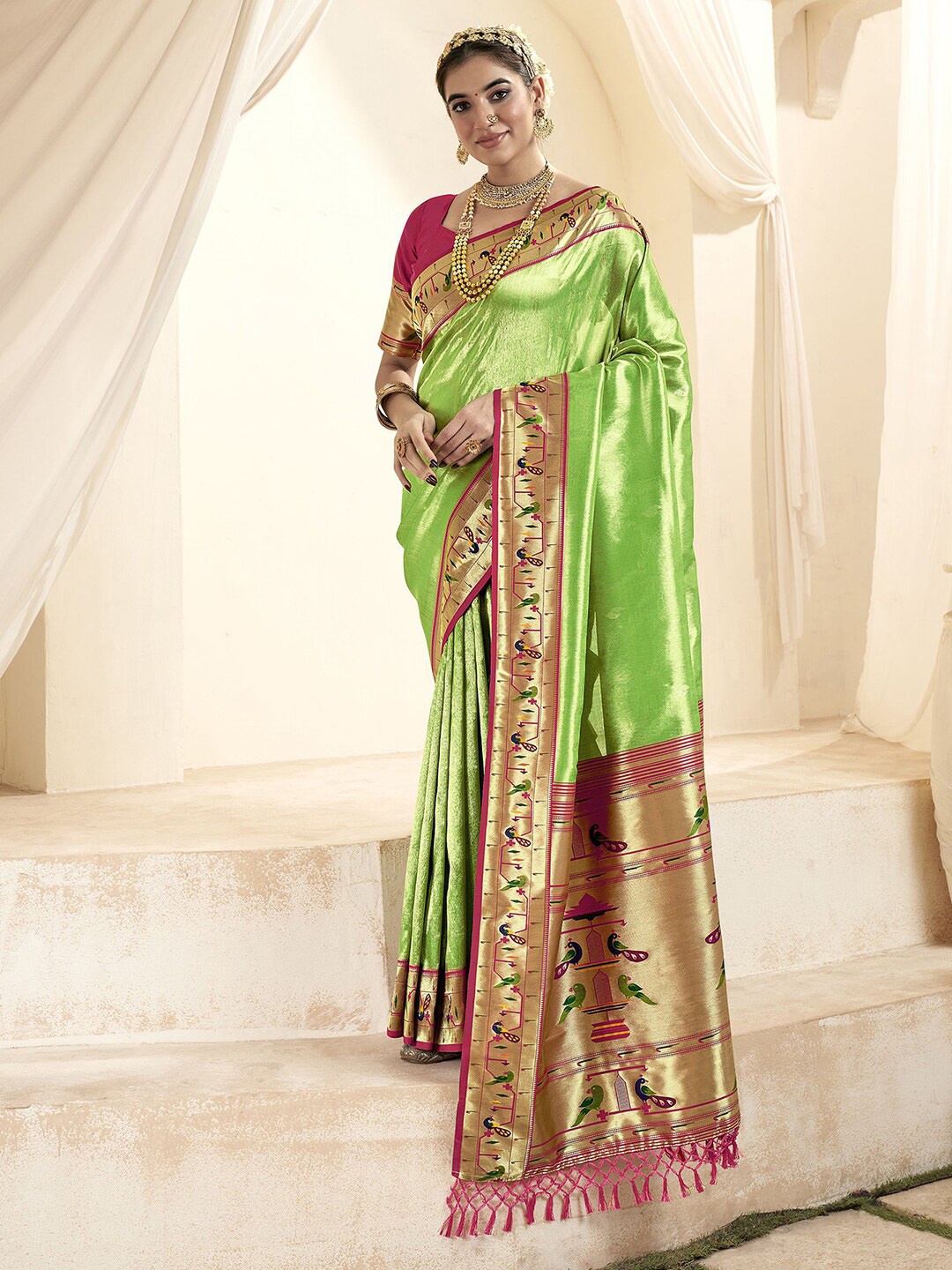 

Mitera Woven Design Zari Tissue Heavy Work Paithani Saree, Green