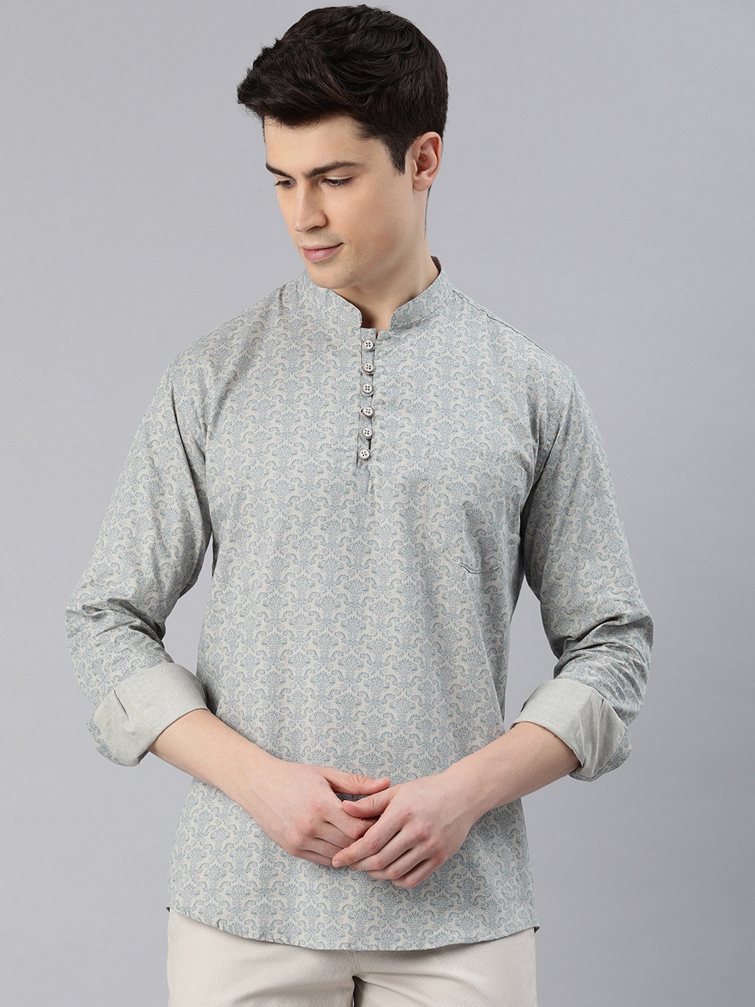 

Majestic Man Ethnic Motifs Printed Mandarin Collar Pure Cotton Slim Fit Kurta, Grey