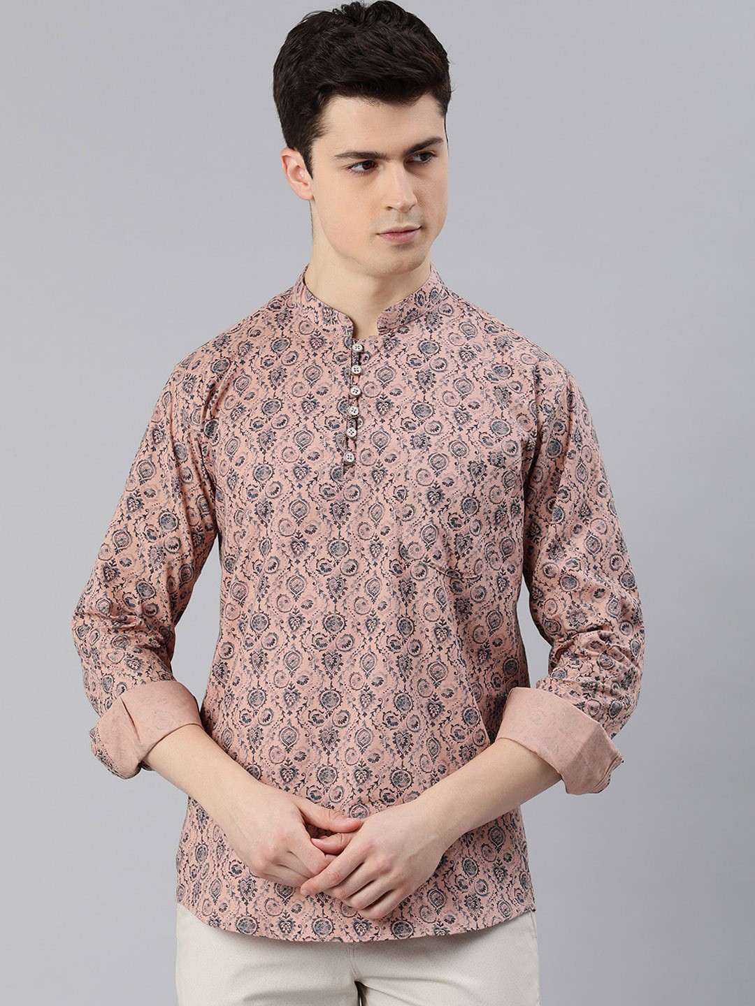 

Majestic Man Ethnic Motifs Printed Mandarin Collar Pure Cotton Kurta, Peach