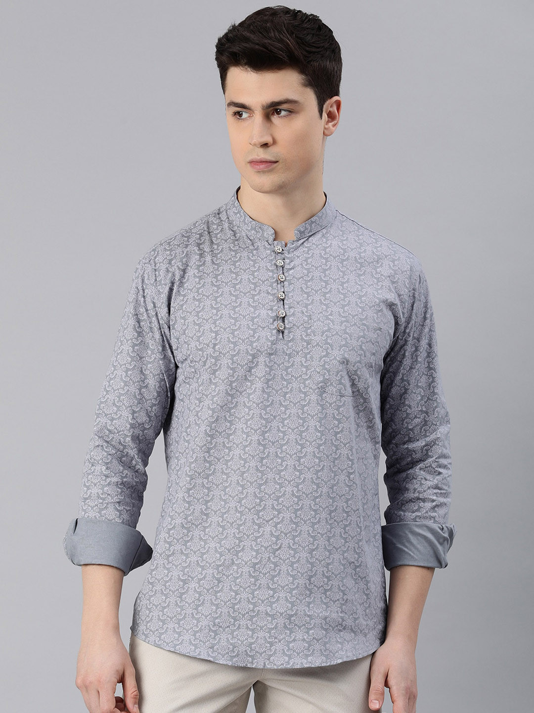 

Majestic Man Ethnic Motifs Printed Mandarin Collar Pure Cotton Kurta, Grey