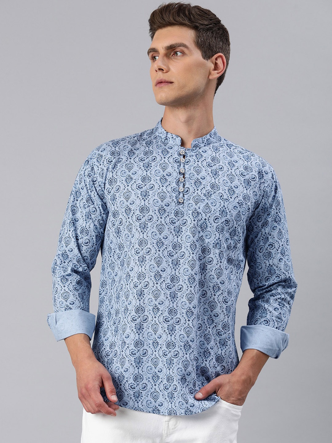 

Majestic Man Ethnic Motifs Printed Pure Cotton Kurta, Blue
