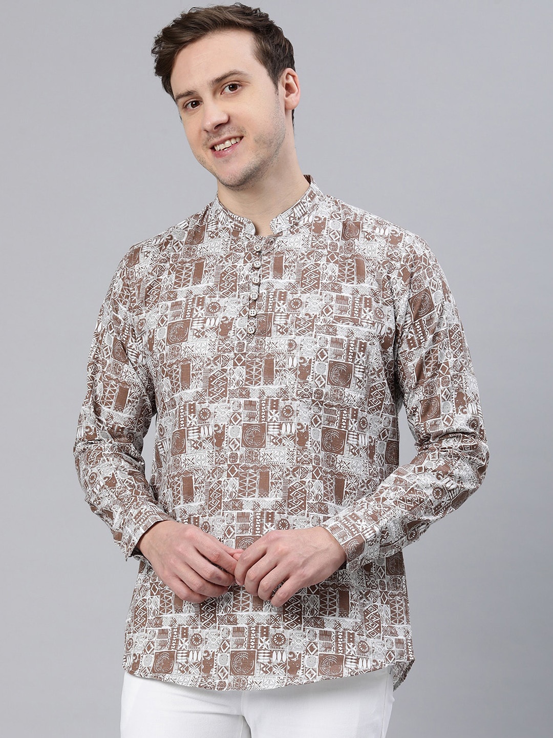 

Majestic Man Abstract Printed Mandarin Collar Straight Pure Cotton Kurta, Brown