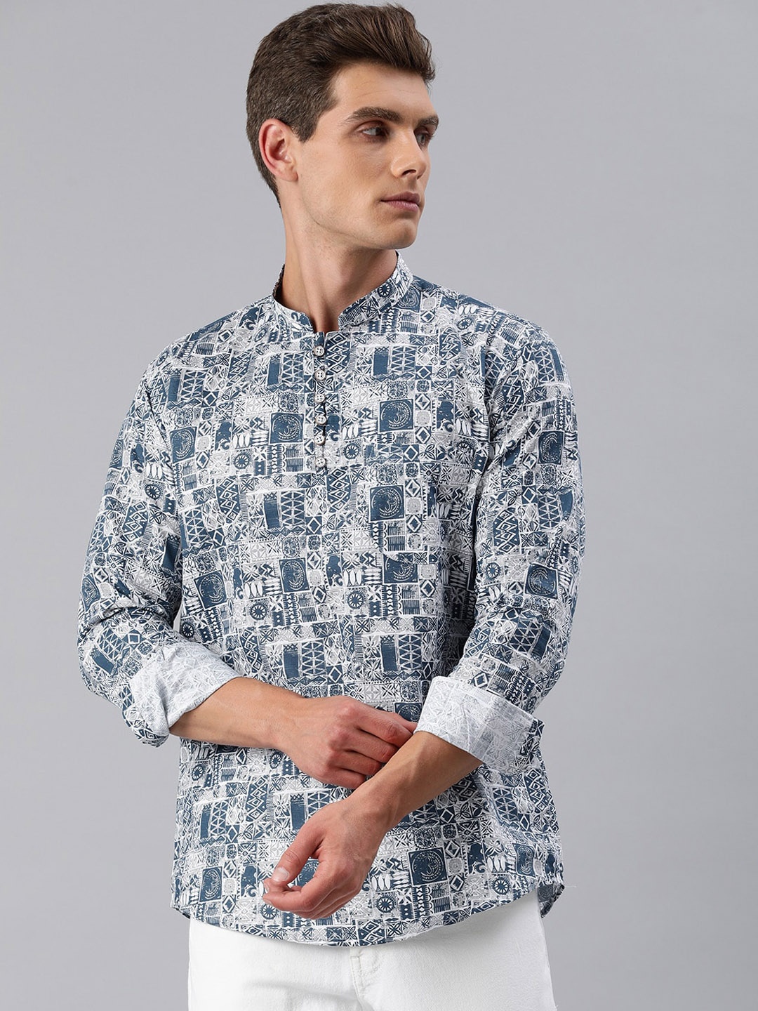 

Majestic Man Abstract Printed Mandarin Collar Straight Pure Cotton Kurta, Blue