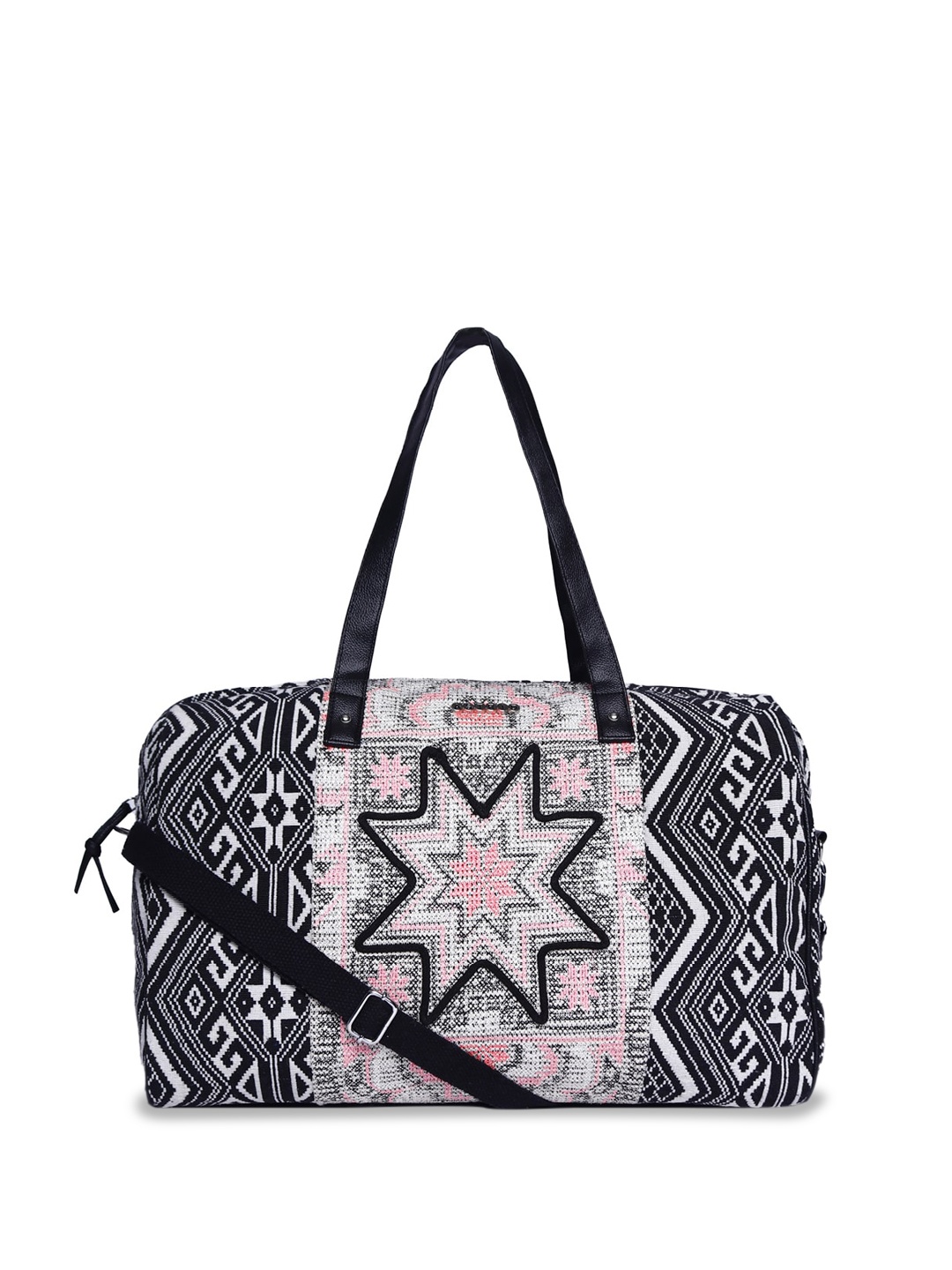 

ASTRID Ethnic Motifs Textured Oversized Structured Canvas Handheld Bag, Black