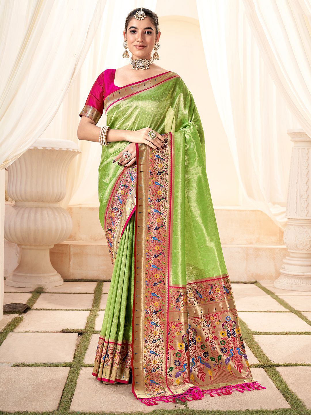 

Satrani Ethnic Woven Design Zari Tissue Heavy Work Paithani Saree, Green
