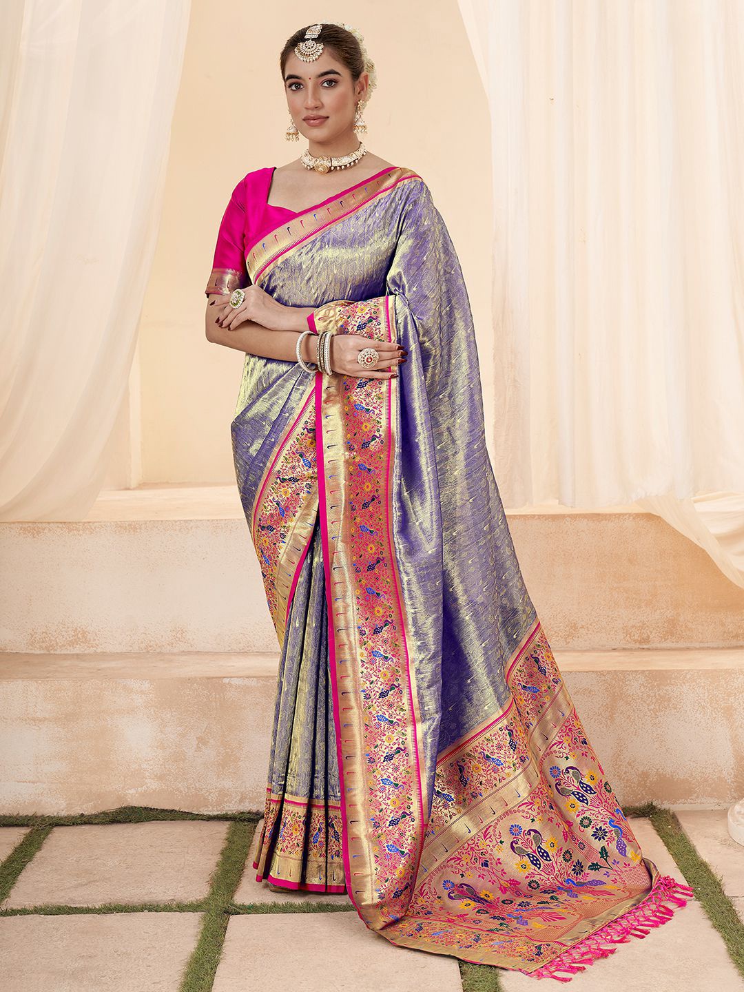 

Satrani Ethnic Woven Design Zari Tissue Heavy Work Paithani Saree, Violet