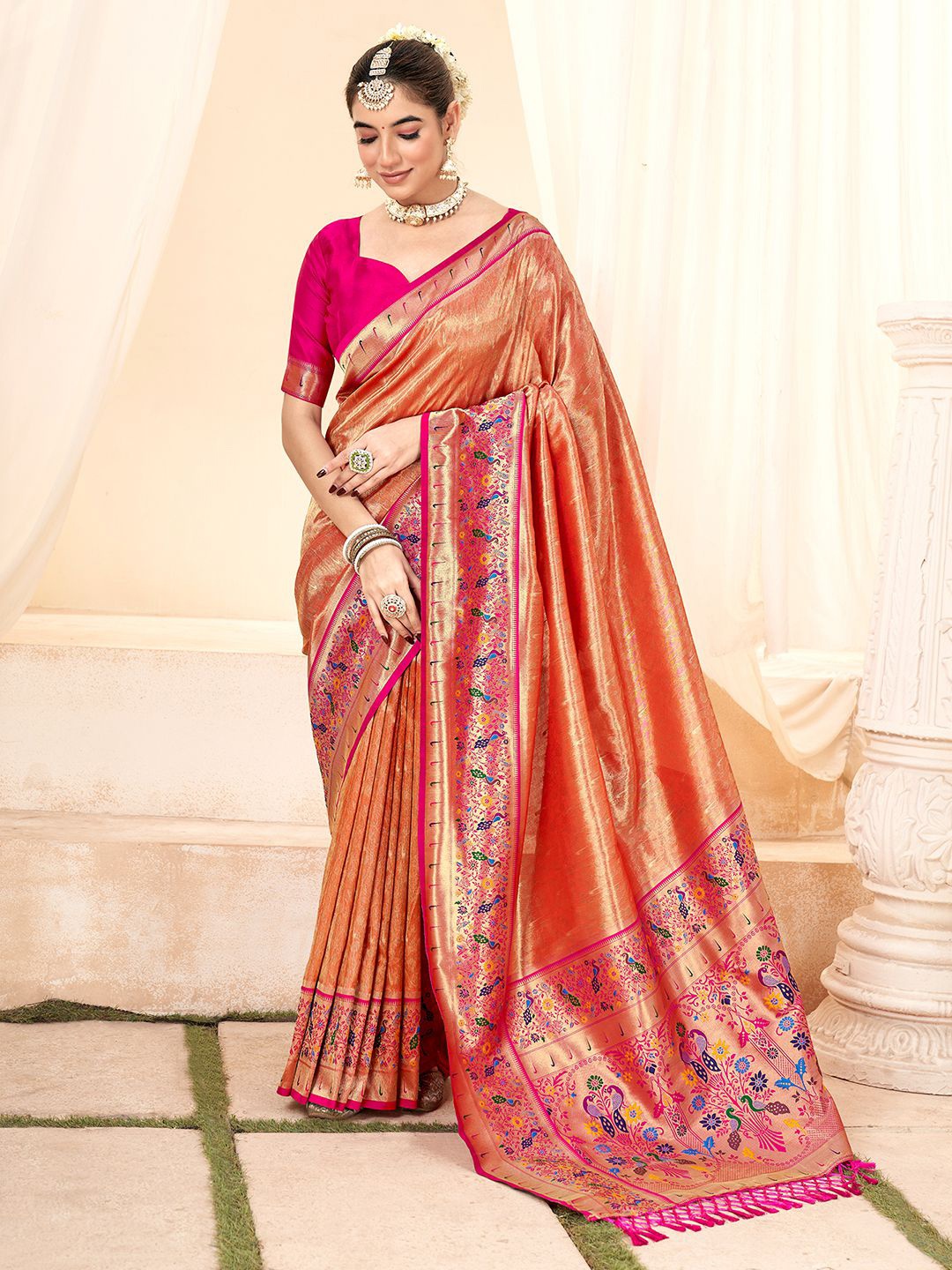 

Satrani Ethnic Motifs Zari Tissue Paithani Saree, Orange