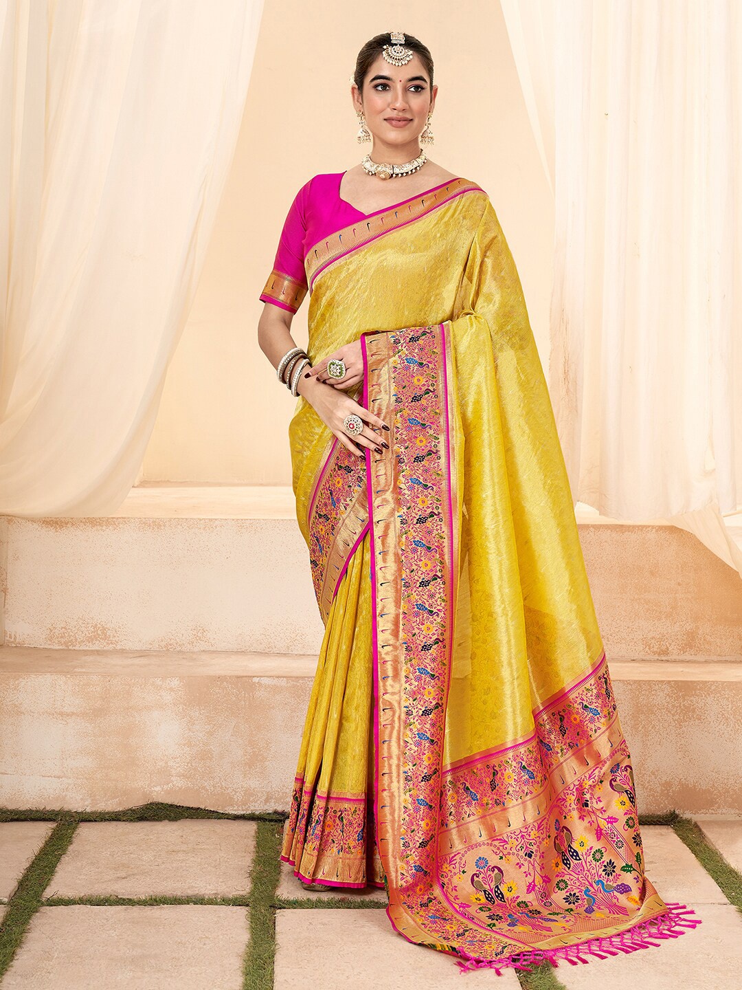 

Satrani Ethnic Woven Design Zari Tissue Heavy Work Paithani Saree, Yellow