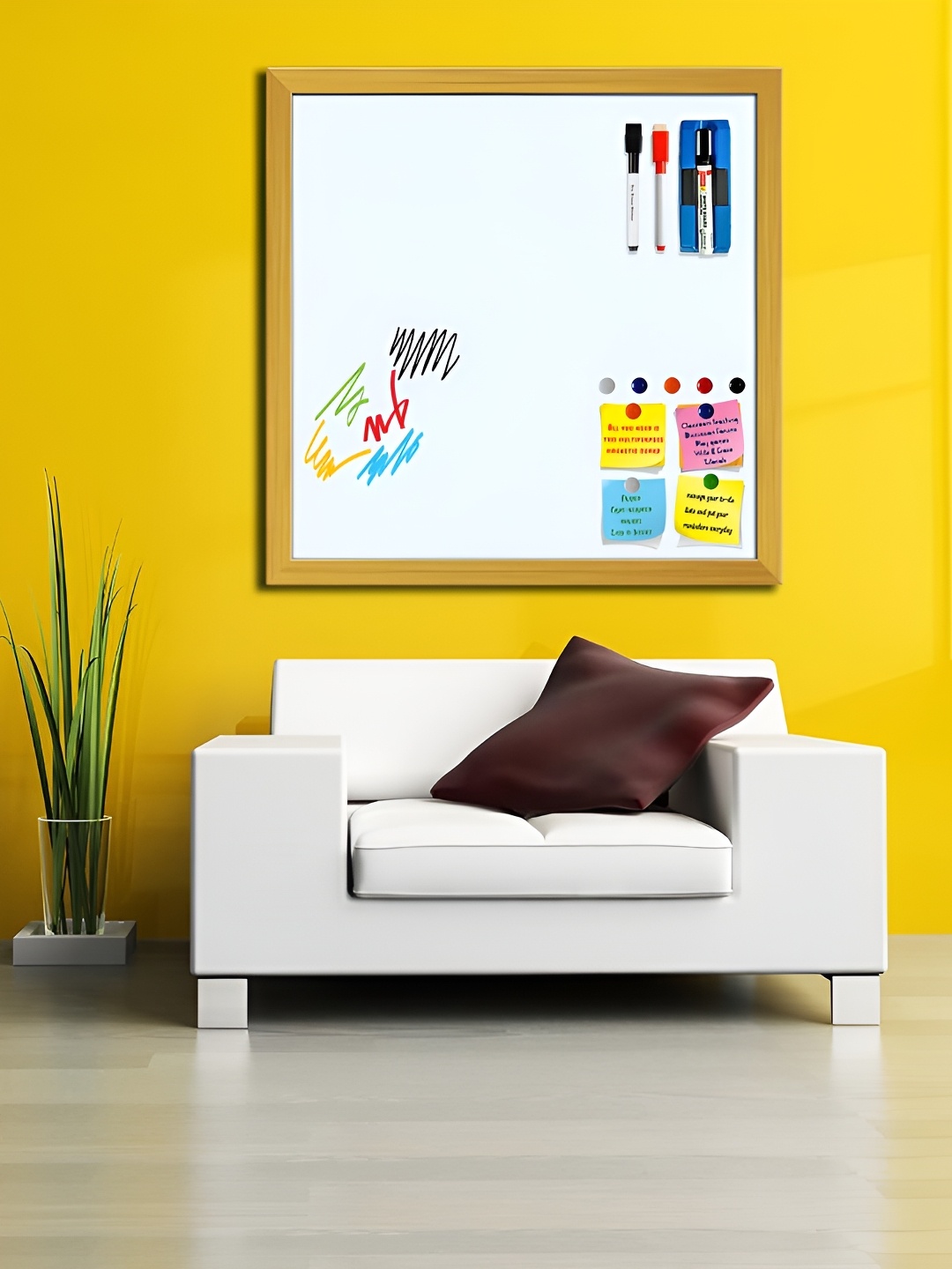 ArtzFolio Gold Toned & White Wooden Bulletin Board With Sticky Notes Wall Decor
