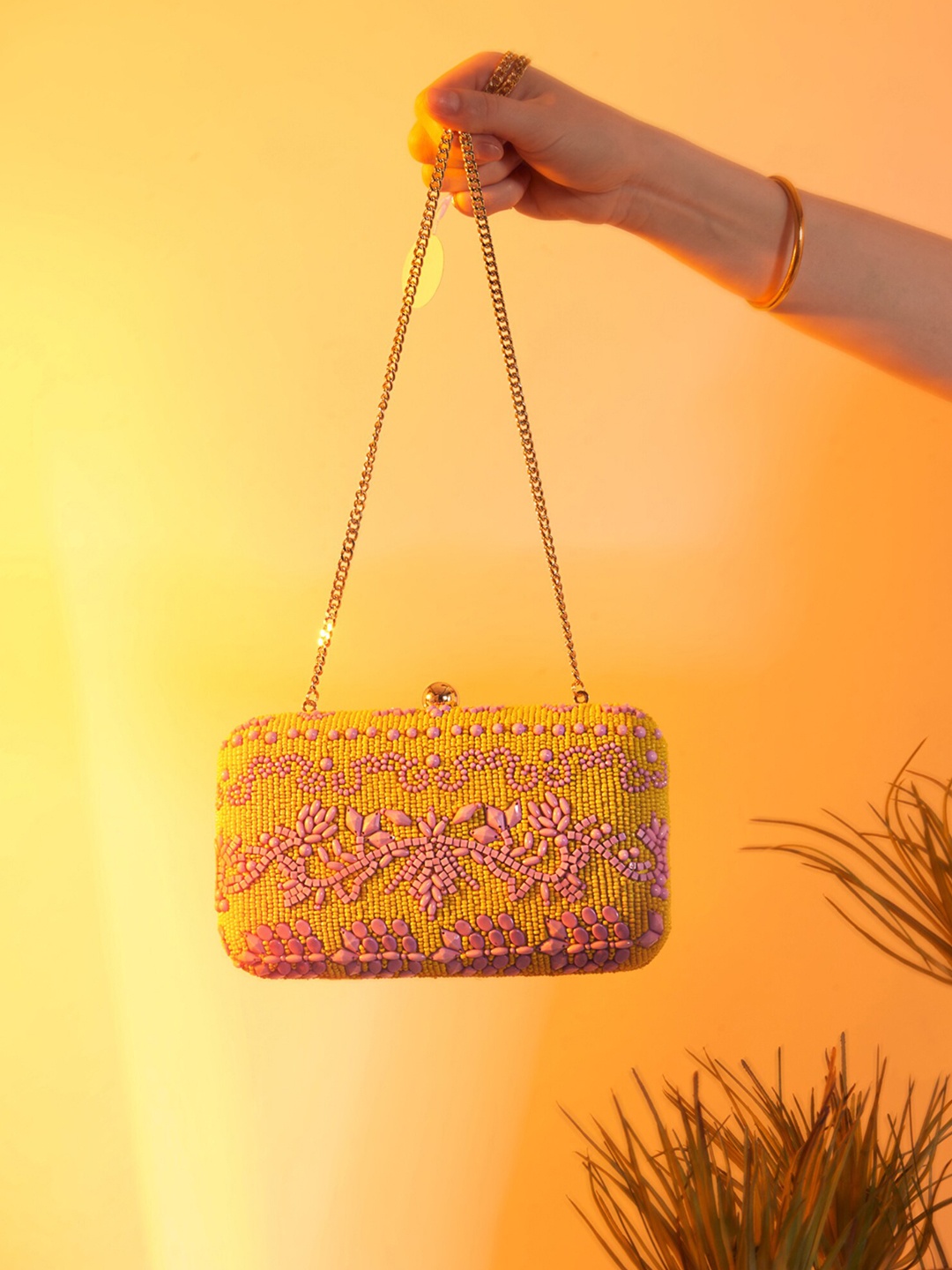 

Accessorize Hand-Beaded Hardcase Clutch Bag, Lime green