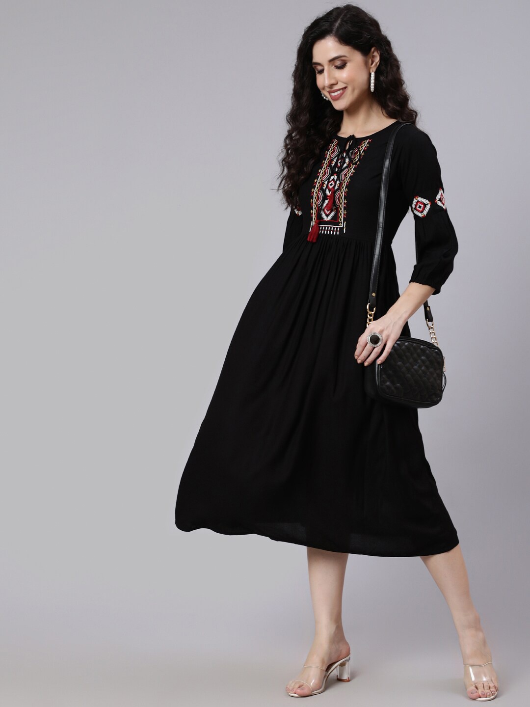 

Nayo Ethnic Motifs Embroidered A-Line Midi Dress, Black