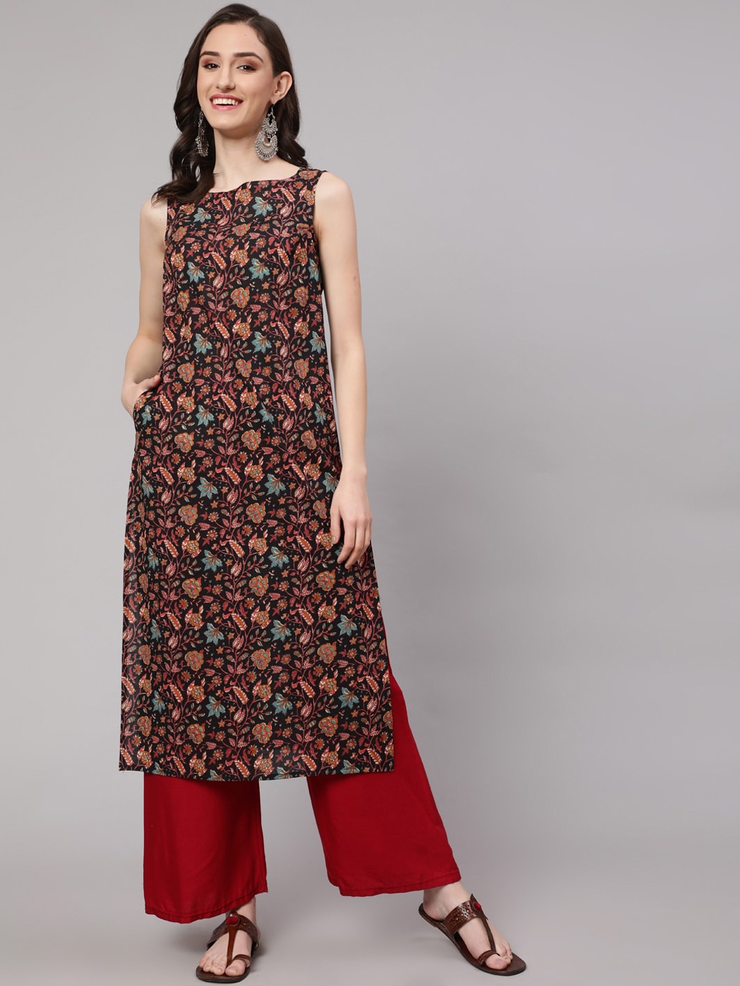 

Nayo Floral Printed Cotton Straight Kurta, Brown