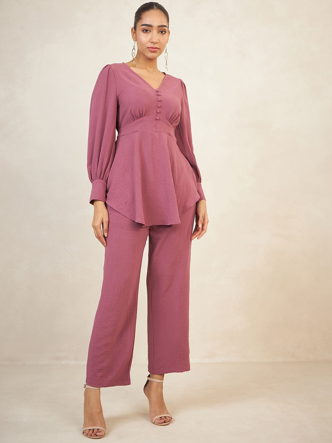 

FEMMELLA V-Neck Cuuef Sleeves Top & Trousers, Pink