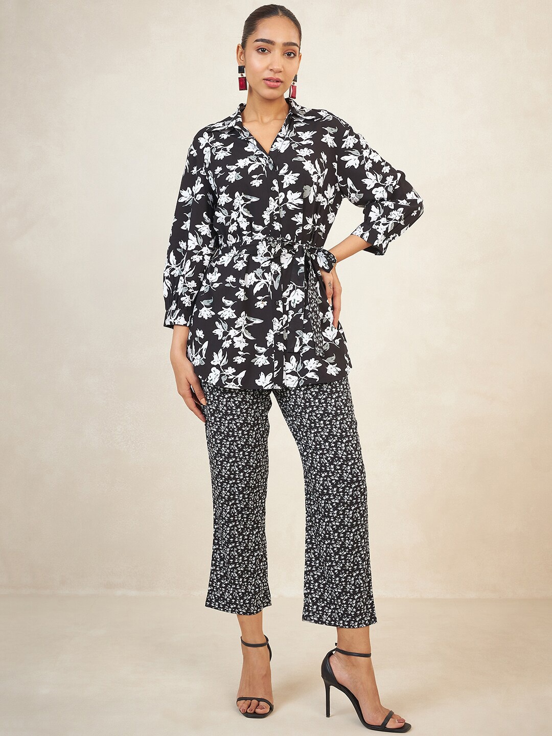 

FEMMELLA Floral Printed Shirt Collar Tunic & Trousers, Black