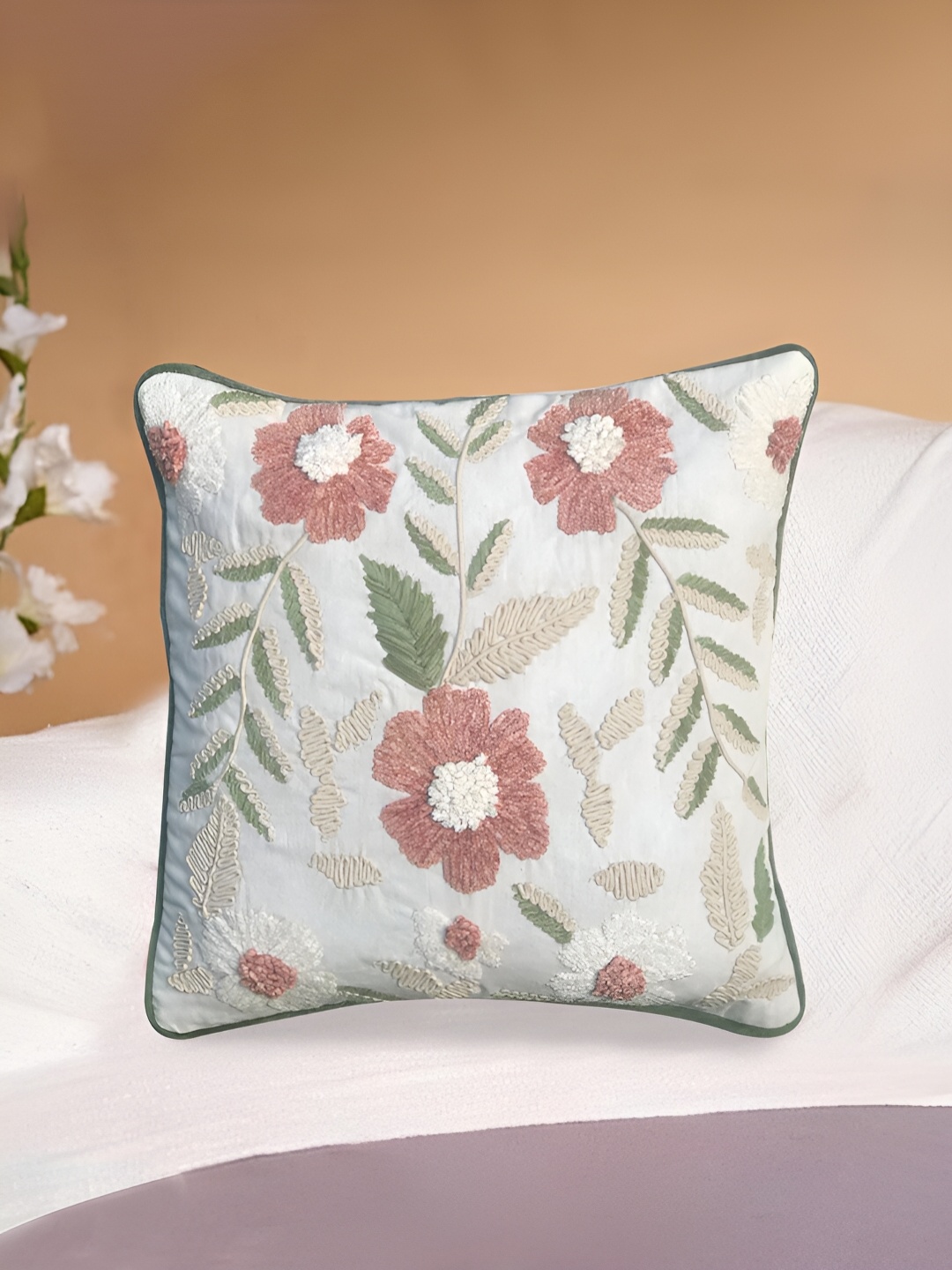 

SHADES of LIFE Peach & White 2 Pieces Floral Square Cushion Covers