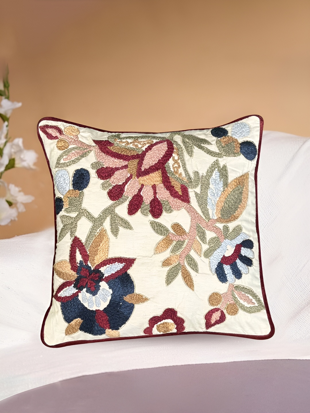 

SHADES of LIFE White & Green 2 Pieces Floral Square Cushion Covers
