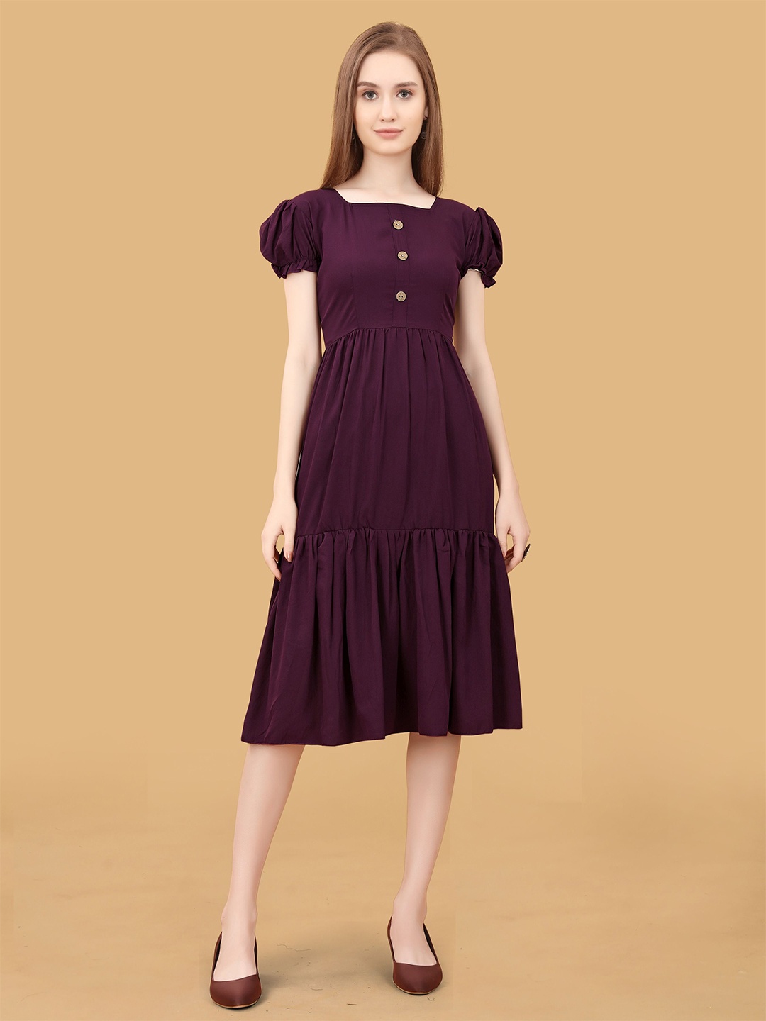 

BAESD Square Neck Puff Sleeves Georgette A-Line Dress, Purple