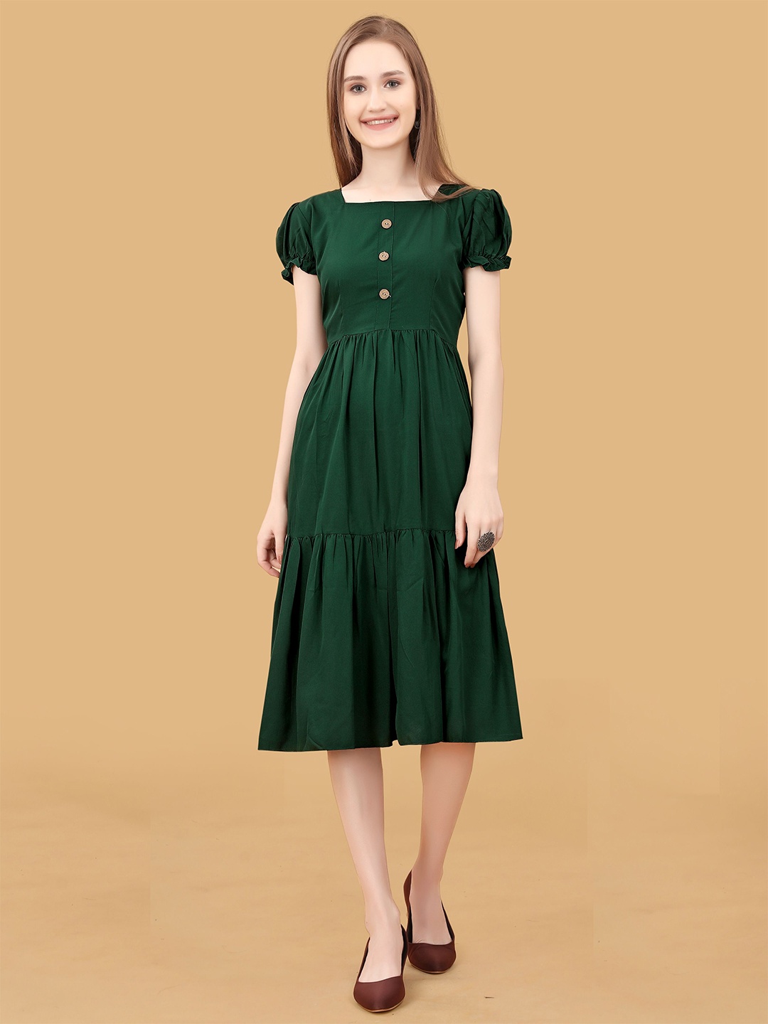 

BAESD Puff Sleeve Georgette Fit & Flare Midi Dress, Green
