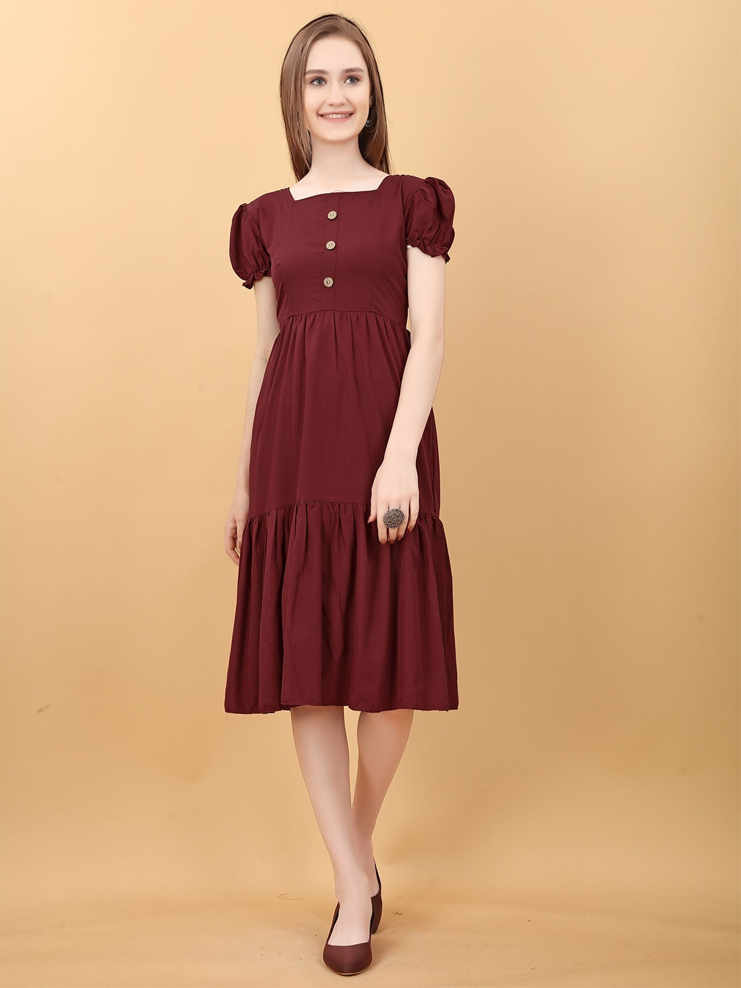 

BAESD Square Neck Puff Sleeves Georgette A-Line Dress, Maroon