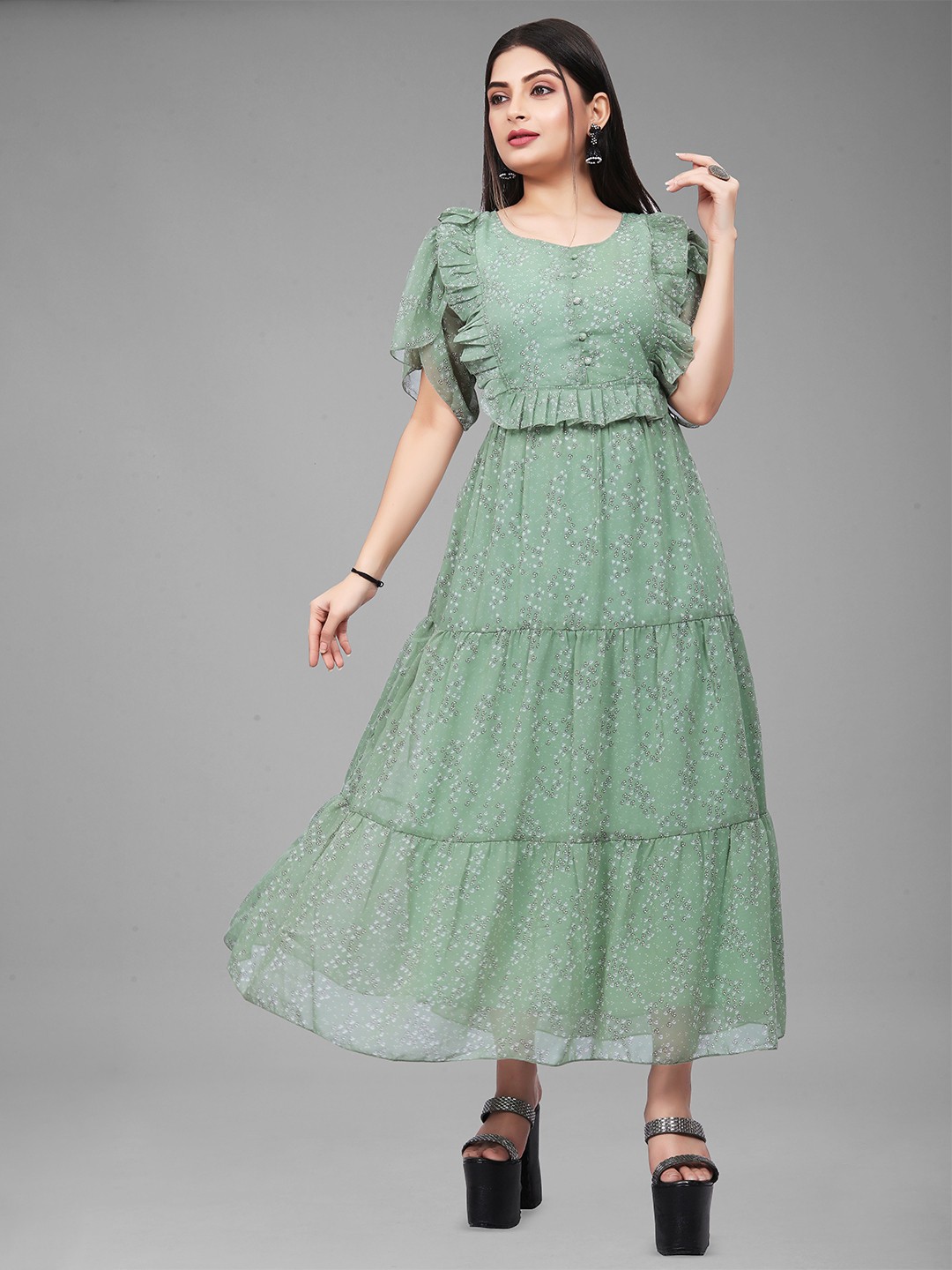 

BAESD Floral Printed Flared Sleeve Georgette Maxi Dress, Green