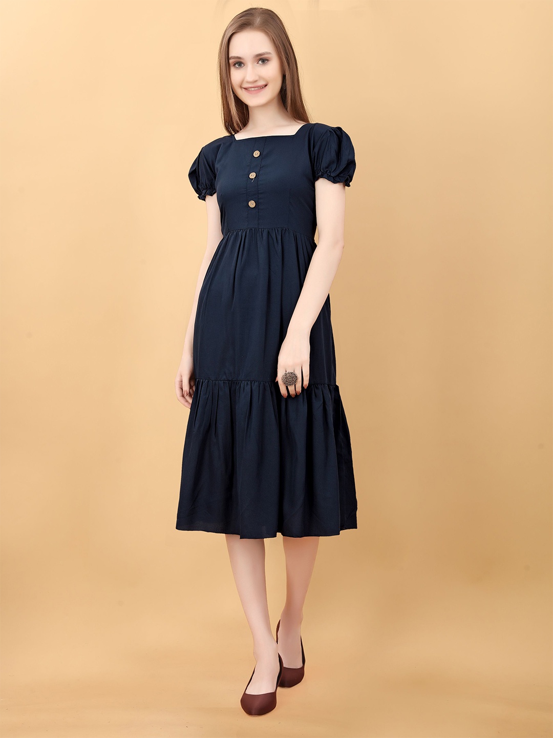 

BAESD Puff Sleeve Georgette Fit & Flare Midi Dress, Black