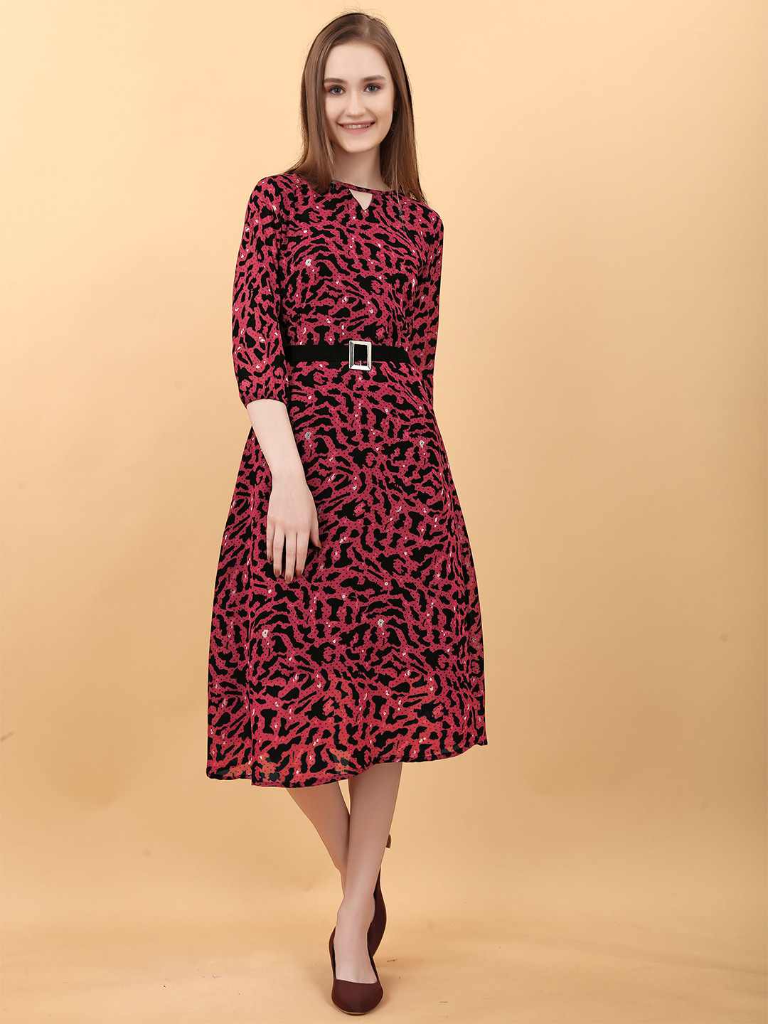 

BAESD Abstract Printed Georgette Belted Fit & Flare Midi Dress, Maroon