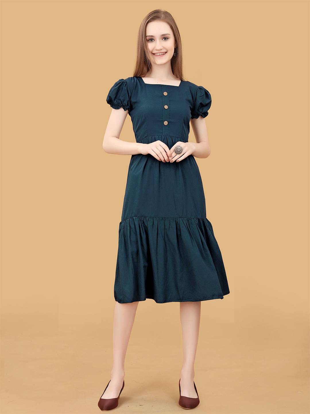 

BAESD Square Neck Puff Sleeves Flounce Georgette A-Line Midi Dress, Teal