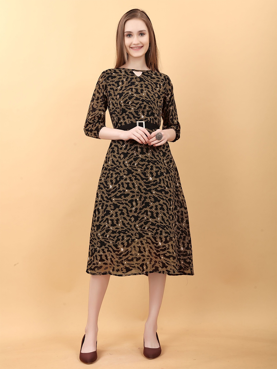

BAESD Abstract Printed Belted Georgette A-Line Midi Dress, Brown