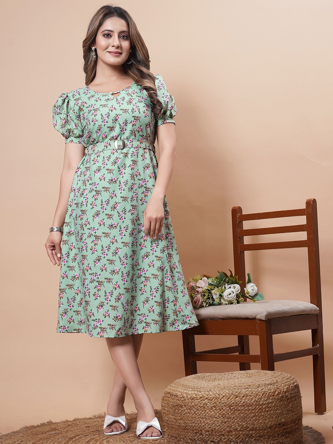 

BAESD Floral Printed Puff Sleeves Georgette Fit & Flare Midi Dress, Green