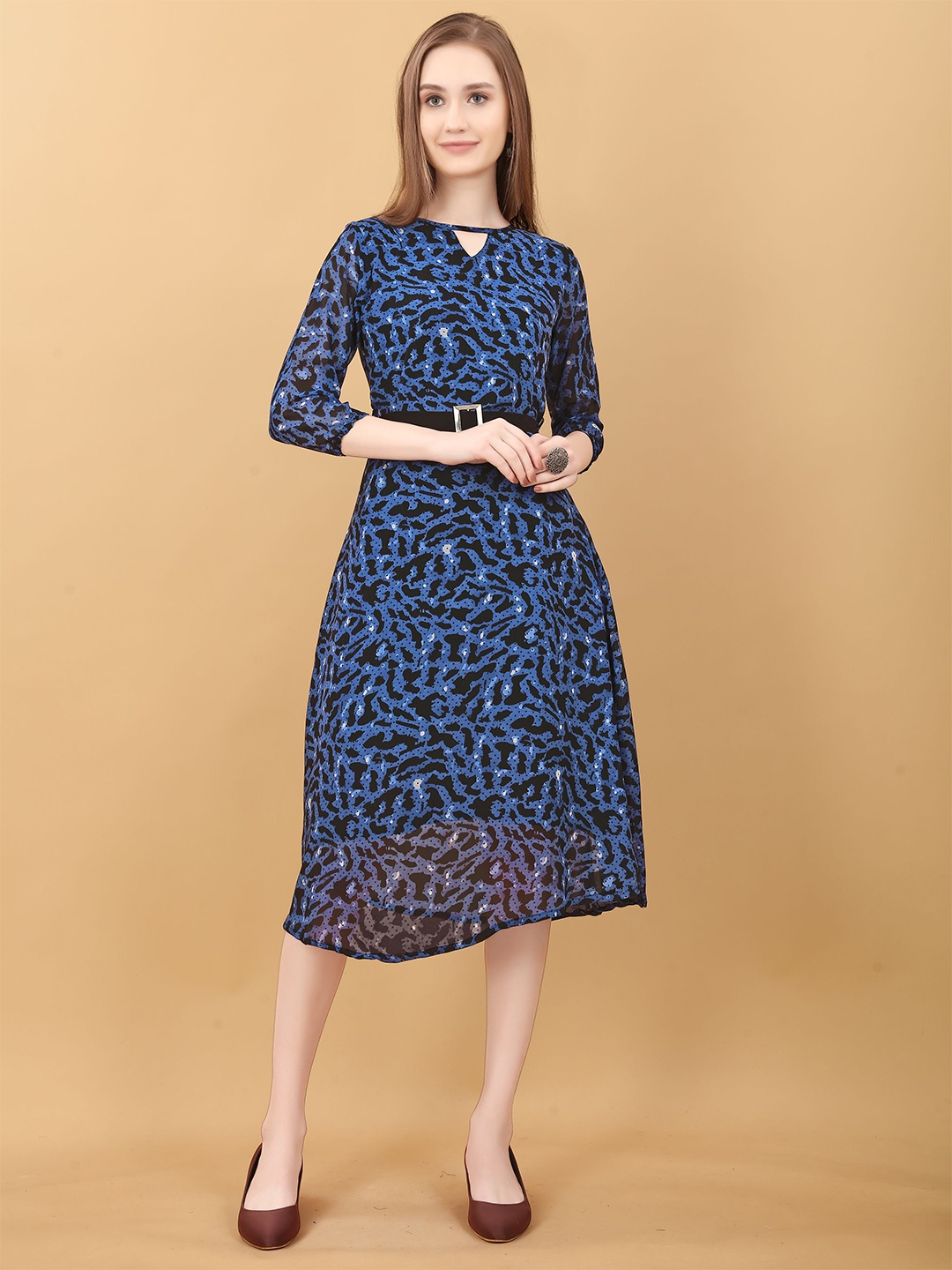 

BAESD Abstract Printed Keyhole Neck Belted Georgette A-Line Midi Dress, Blue