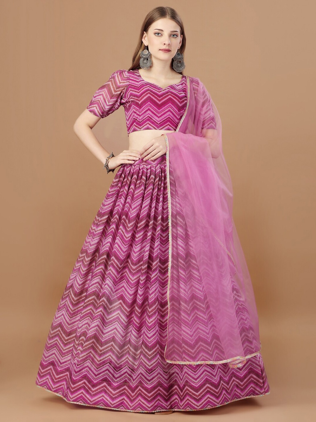 

Mitera Pink Printed Semi-Stitched Lehenga & Unstitched Blouse With Dupatta