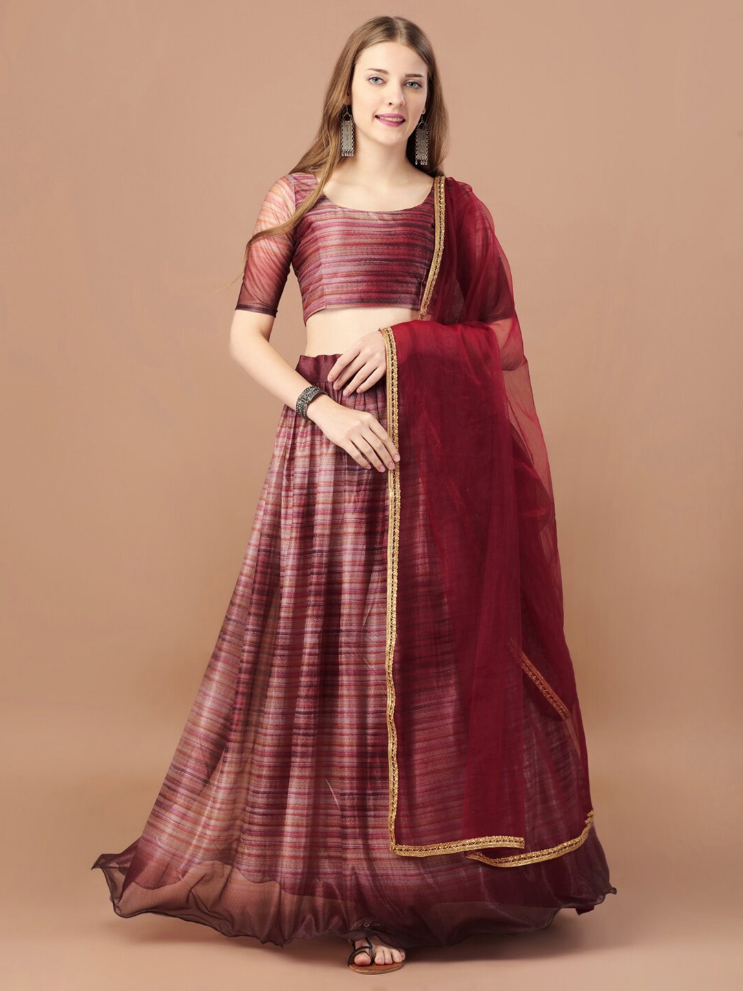 

Mitera Maroon Striped Semi-Stitched Lehenga & Unstitched Blouse With Dupatta