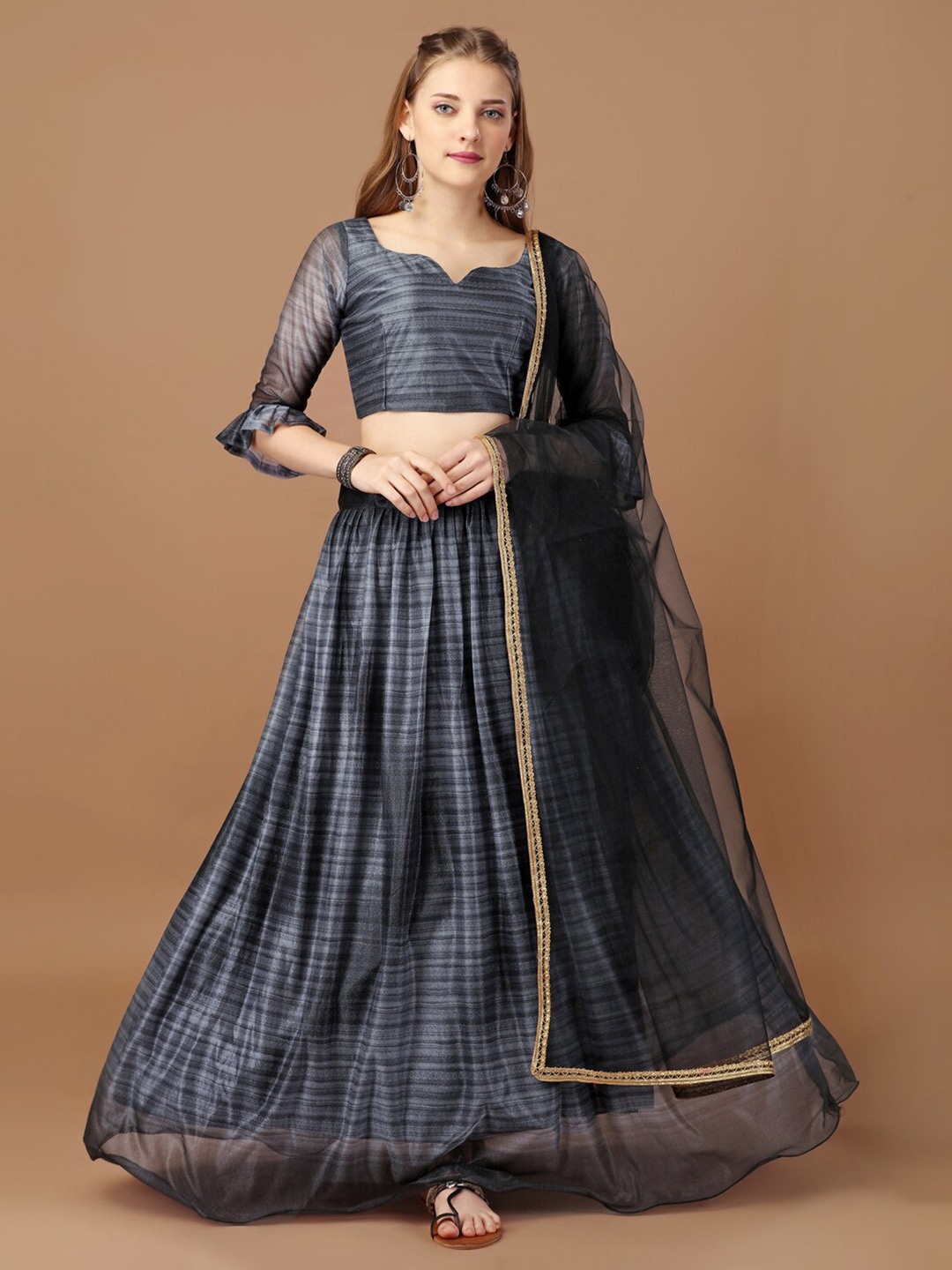 

Mitera Grey Striped Semi-Stitched Lehenga & Unstitched Blouse With Dupatta