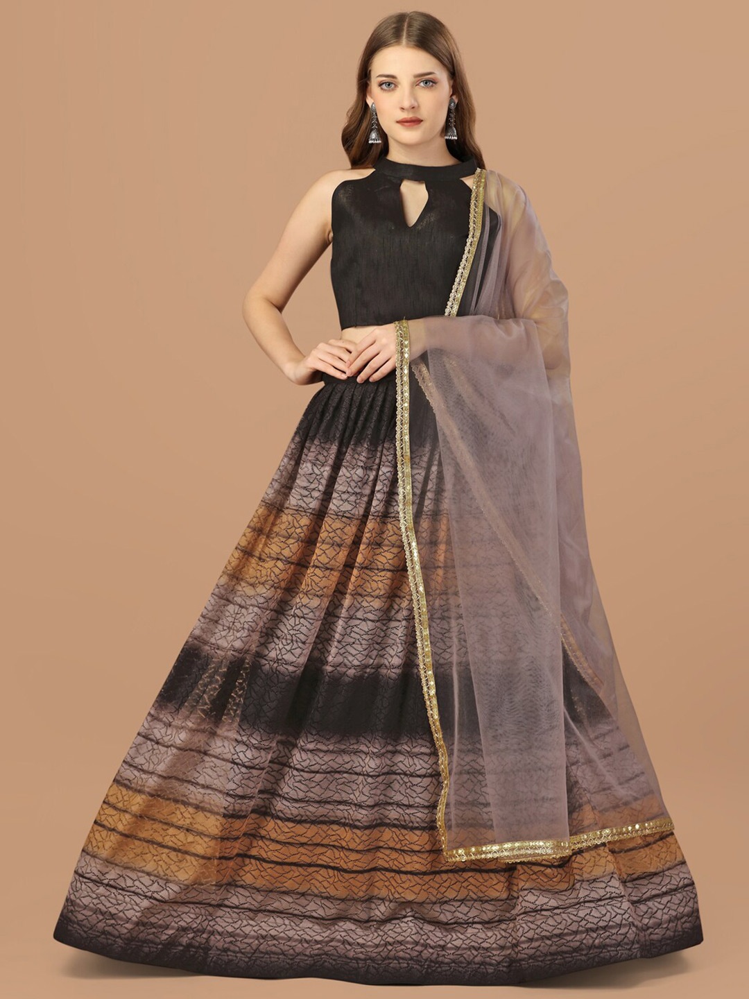 

Mitera Self Designed Semi-Stitched Satin Lehenga & Unstitched Blouse With Dupatta, Brown