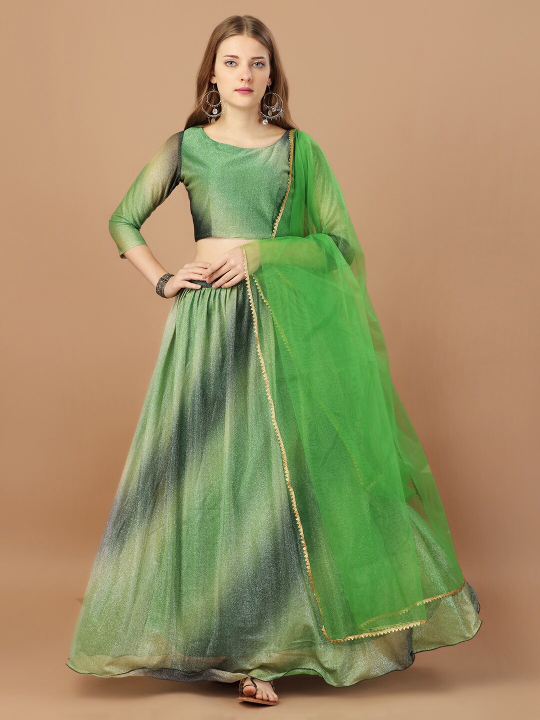 

Mitera Lime Green Printed Semi-Stitched Lehenga & Unstitched Blouse With Dupatta