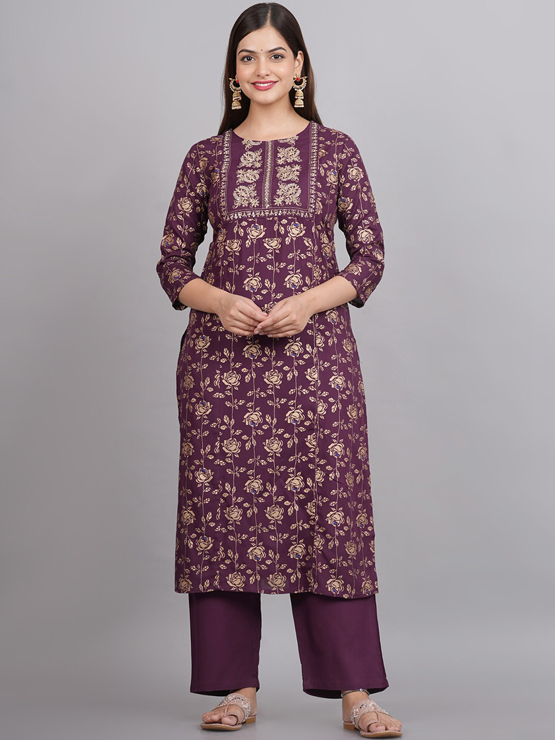 

NEW4U Floral Printed Regular Sequinned Kurta with Palazzos, Purple