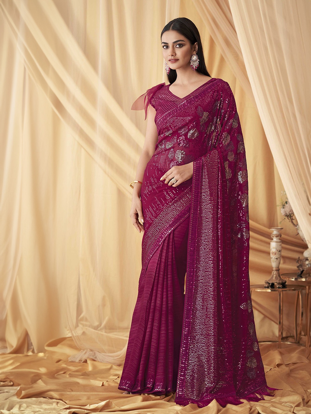 

Mitera Embellished Sequinned Saree, Pink