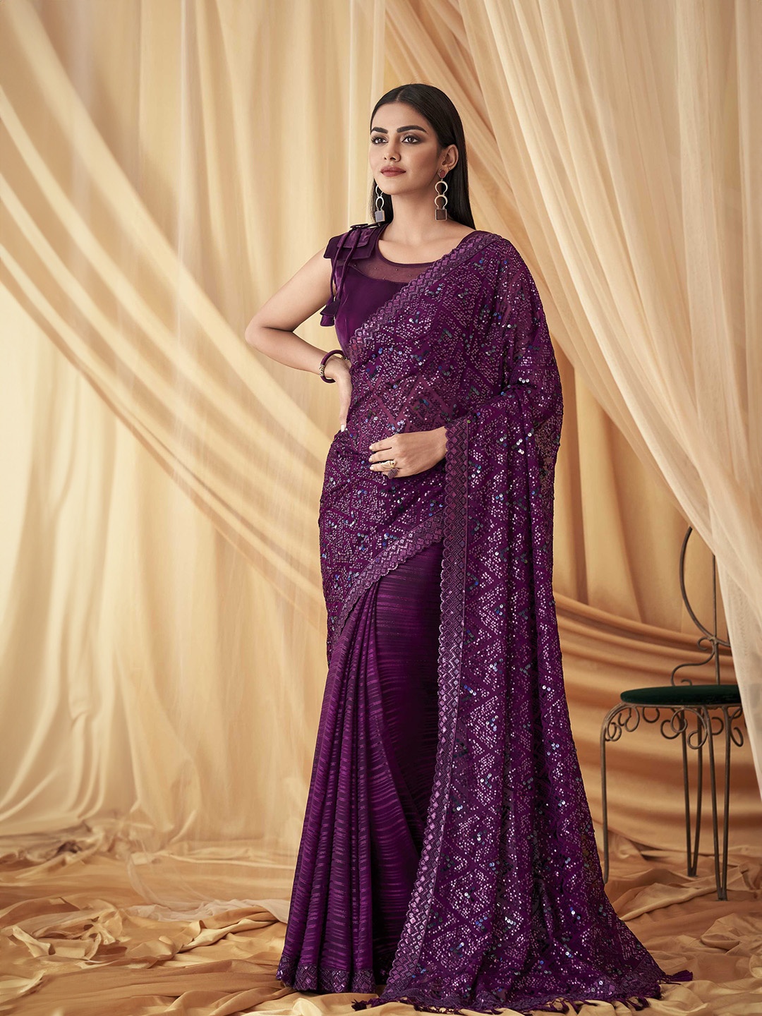 Mitera Embellished Sequinned Saree, Purple