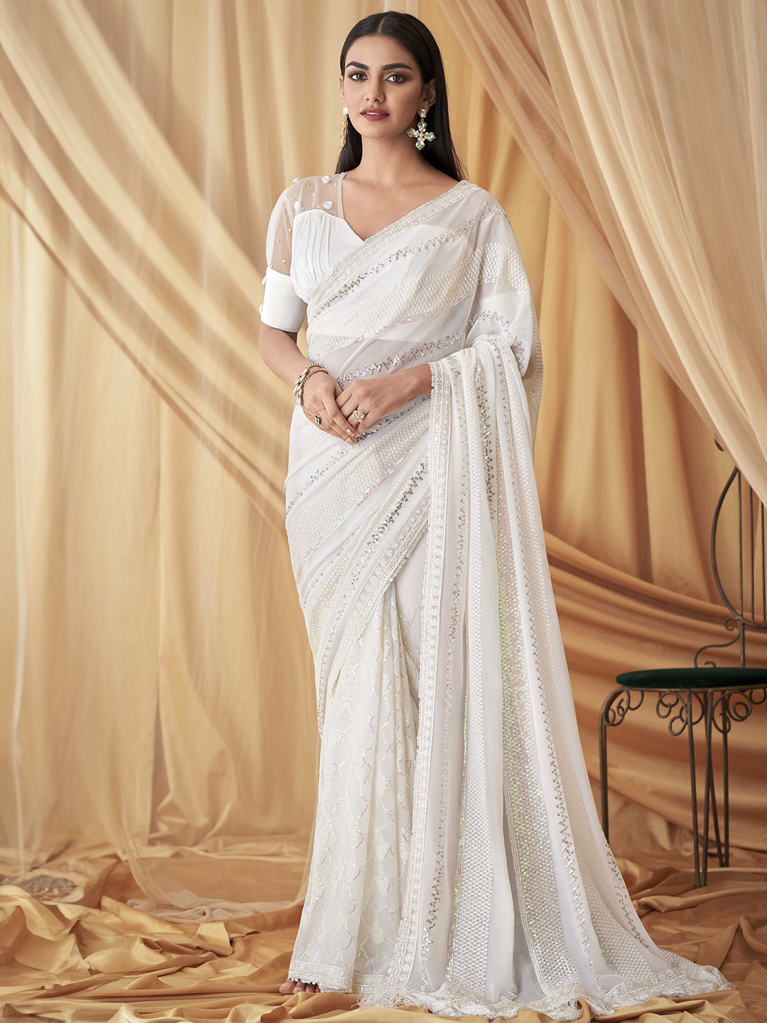 

Mitera Embellished Sequinned Saree, White