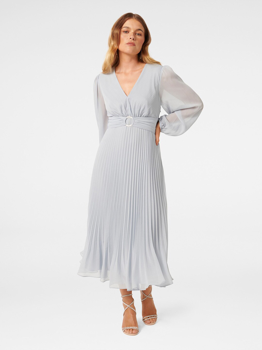 

Forever New Rosalina Petite V-Neck Puff Sleeves Accordion Pleated Fit & Flare Midi Dress, Blue
