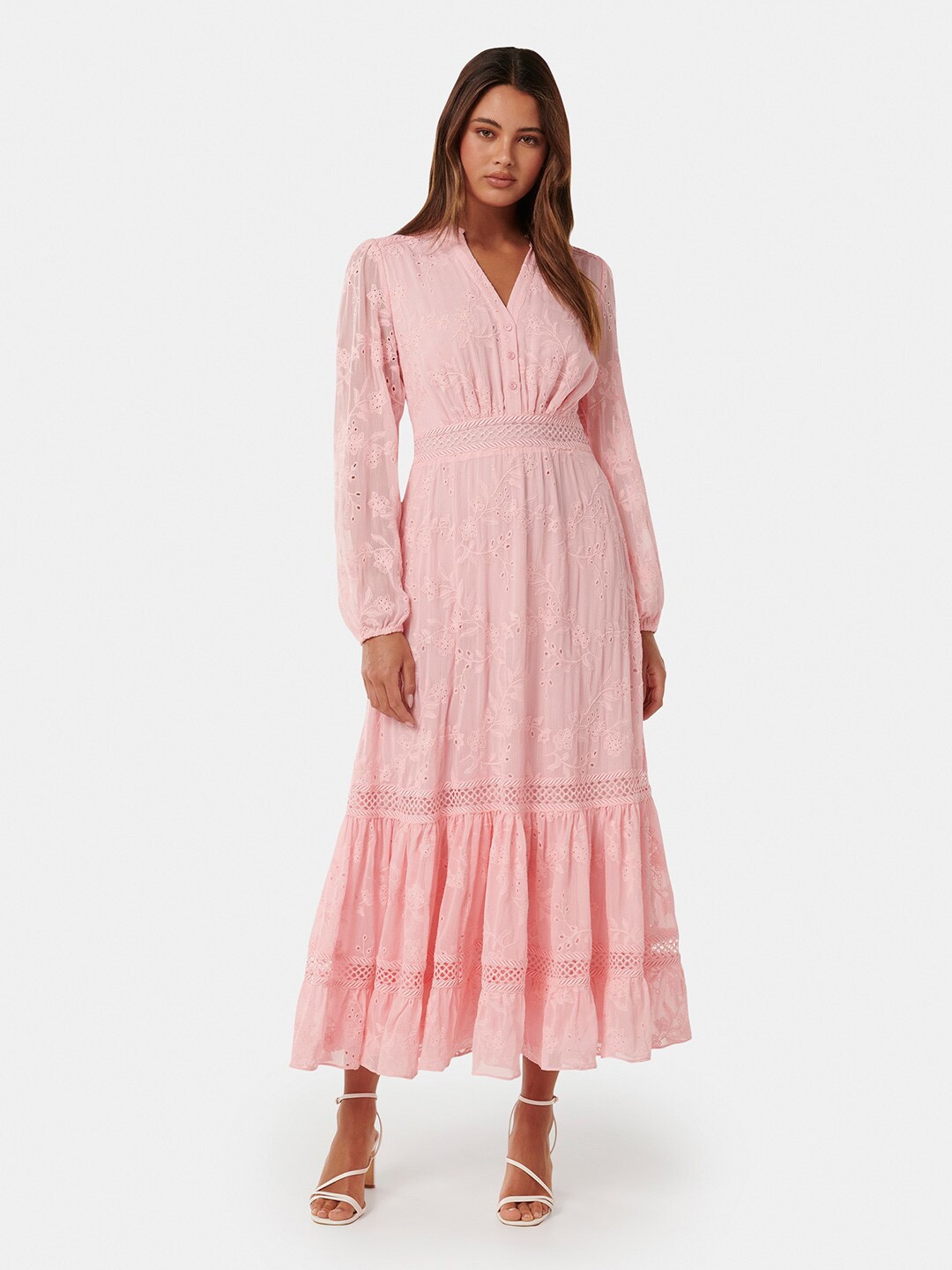 

Forever New Floral Embroidered Puffed Sleeves Lace Inserts Fit & Flare Midi Dress, Pink