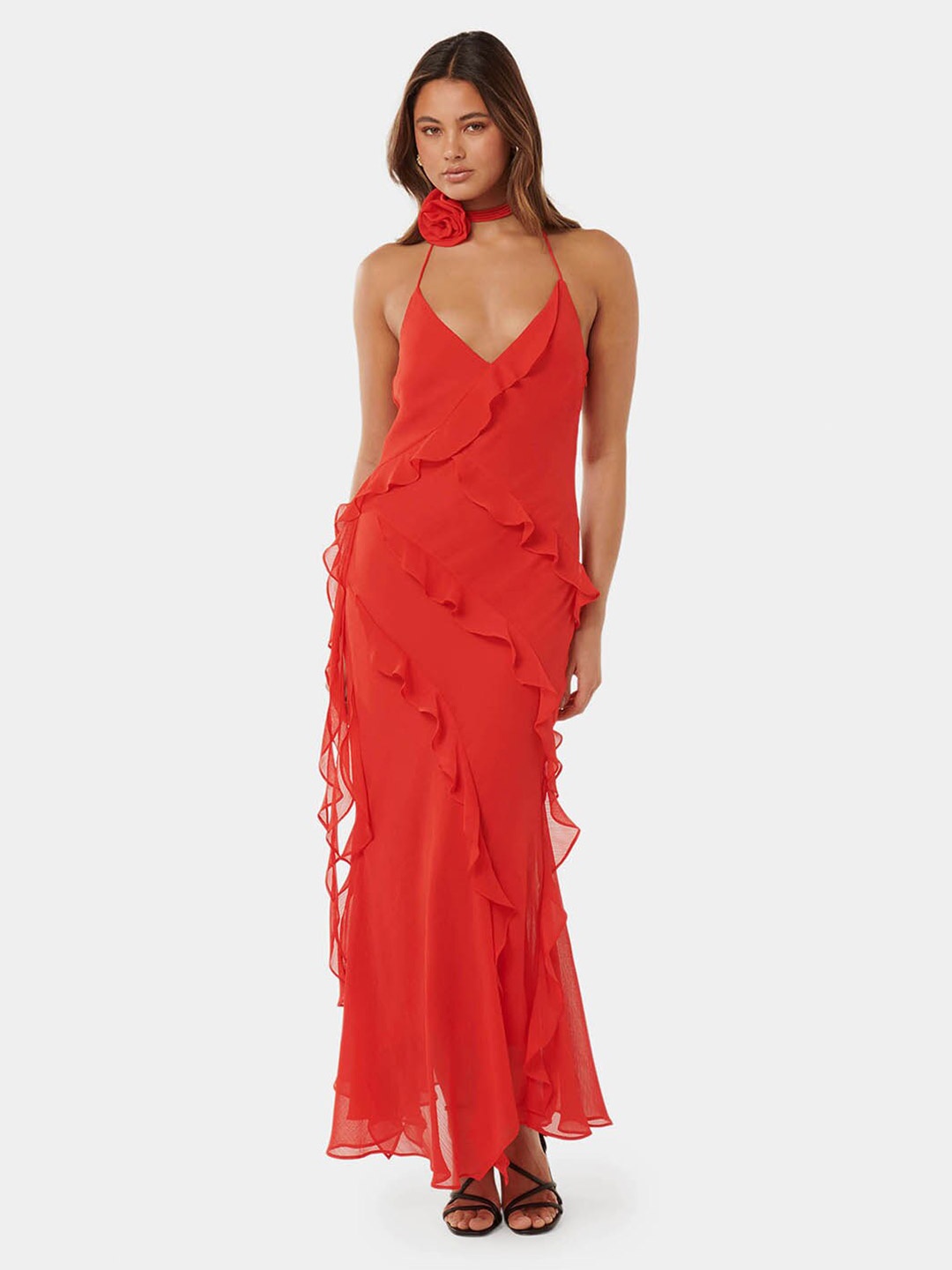 

Forever New Halter Neck Ruffled Sheath Maxi Dress, Red