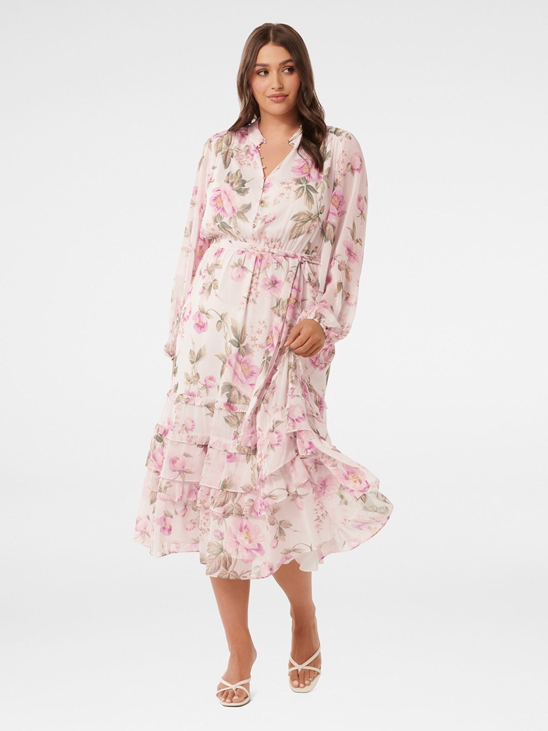 Forever New Plus Size Floral Printed Fit & Flare Midi Dress, Pink