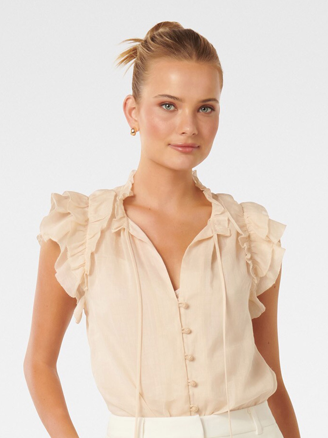 

Forever New Tie-Up Neck Flutter Sleeve Ruffled Shirt Style Top, Cream