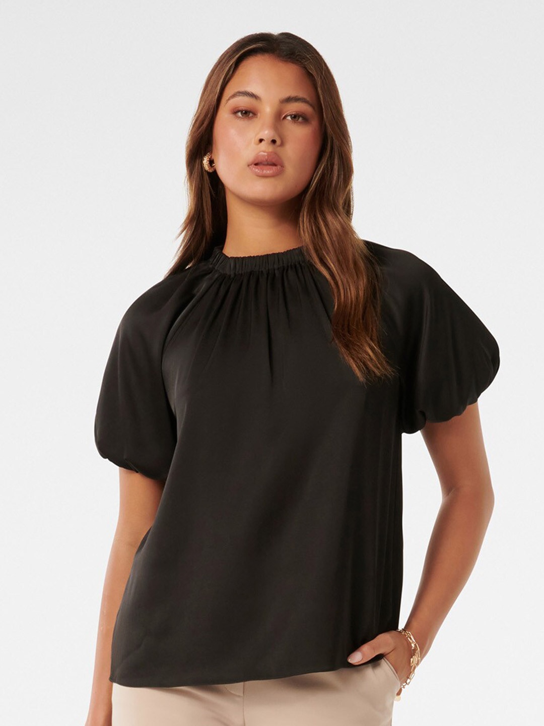 

Forever New Puff Sleeves Satin Top, Black