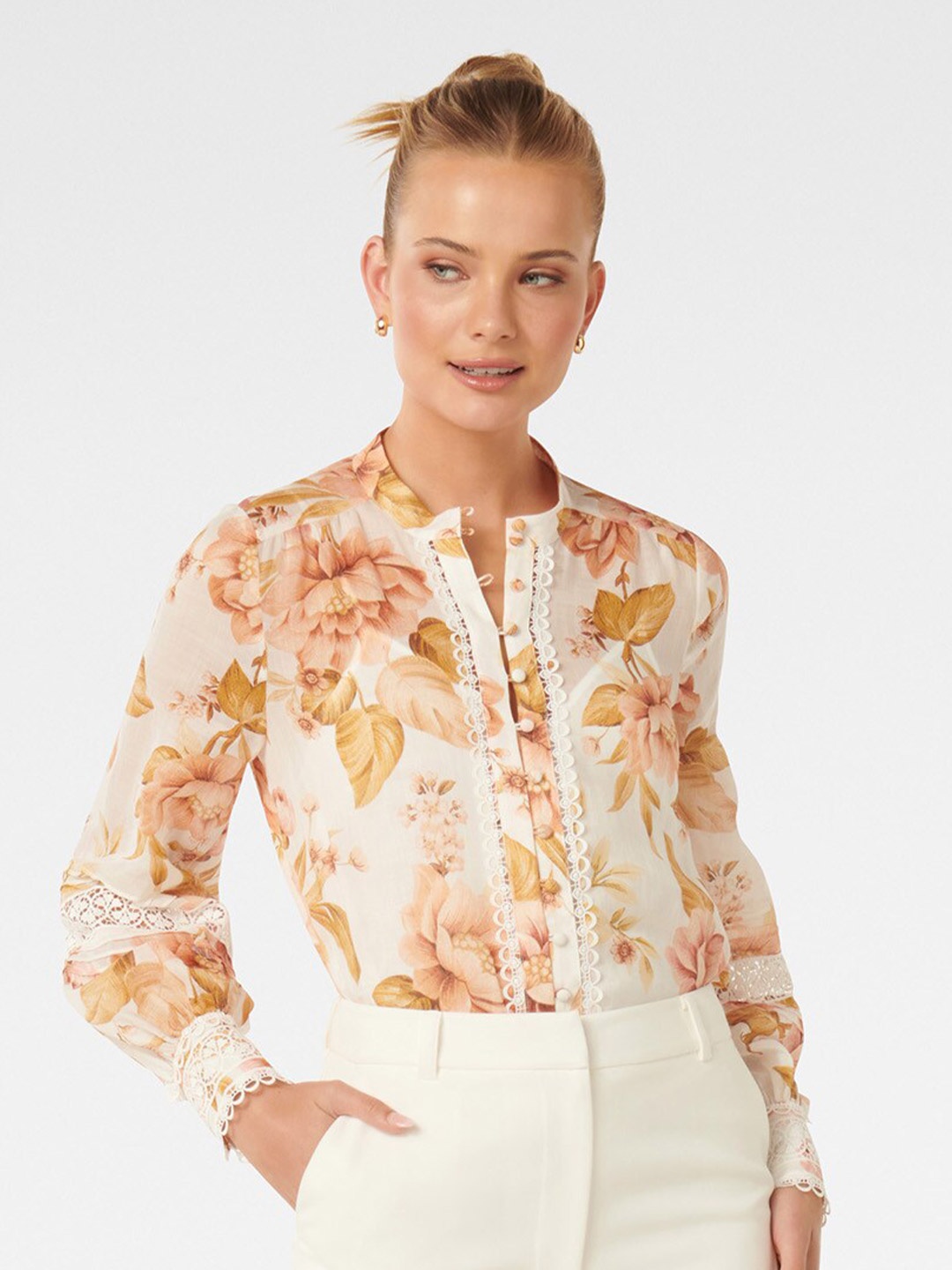 

Forever New Floral Printed Mandarin Collar Shirt Style Top, White