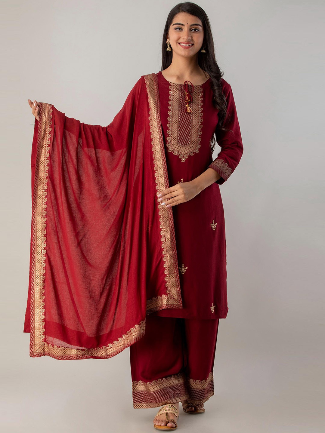 

KALINI Ethnic Motifs Printed Straight Kurta & Palazzos With Dupatta, Maroon