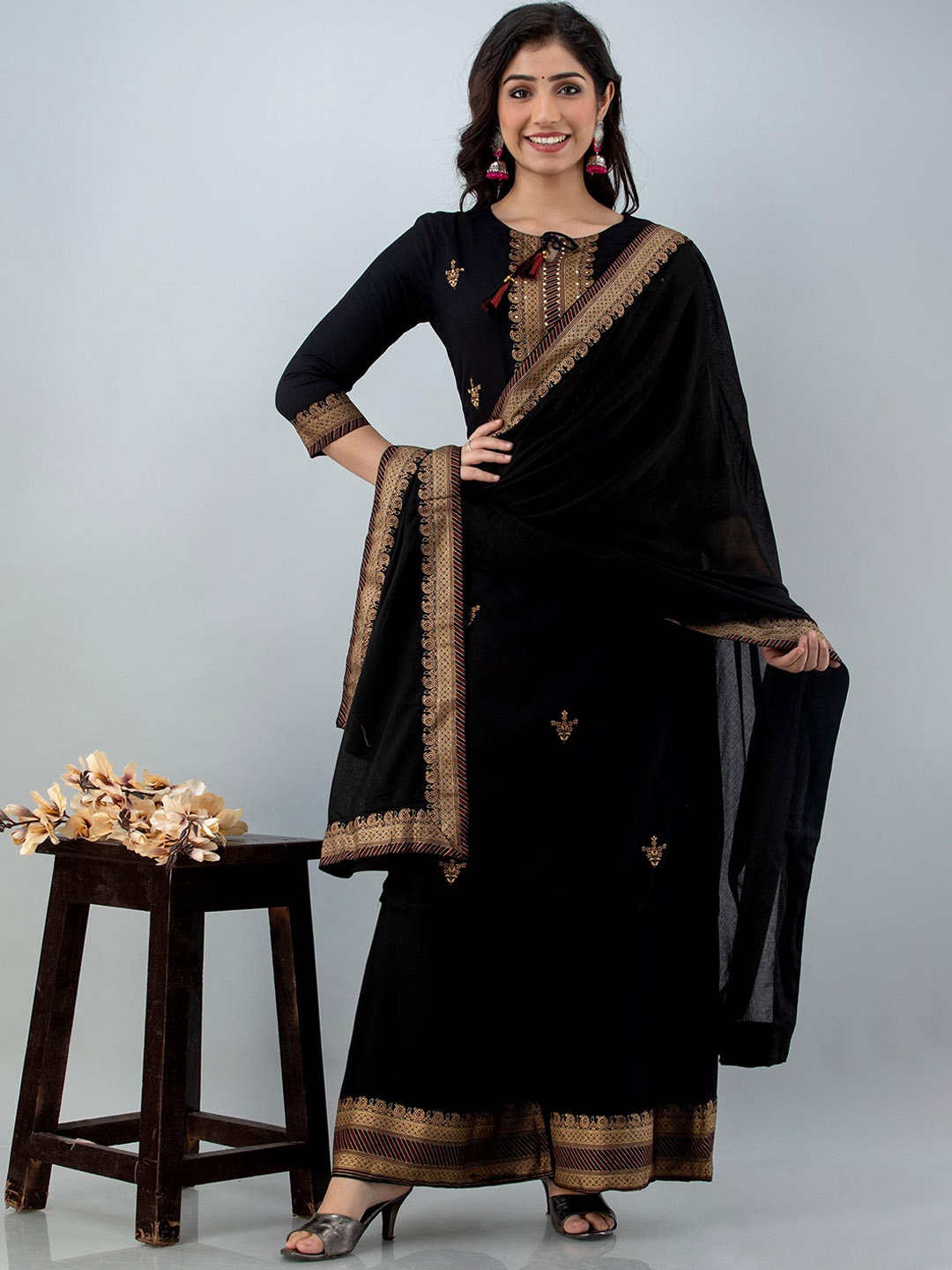 

KALINI Ethnic Motifs Printed Straight Kurta & Palazzos With Dupatta, Black