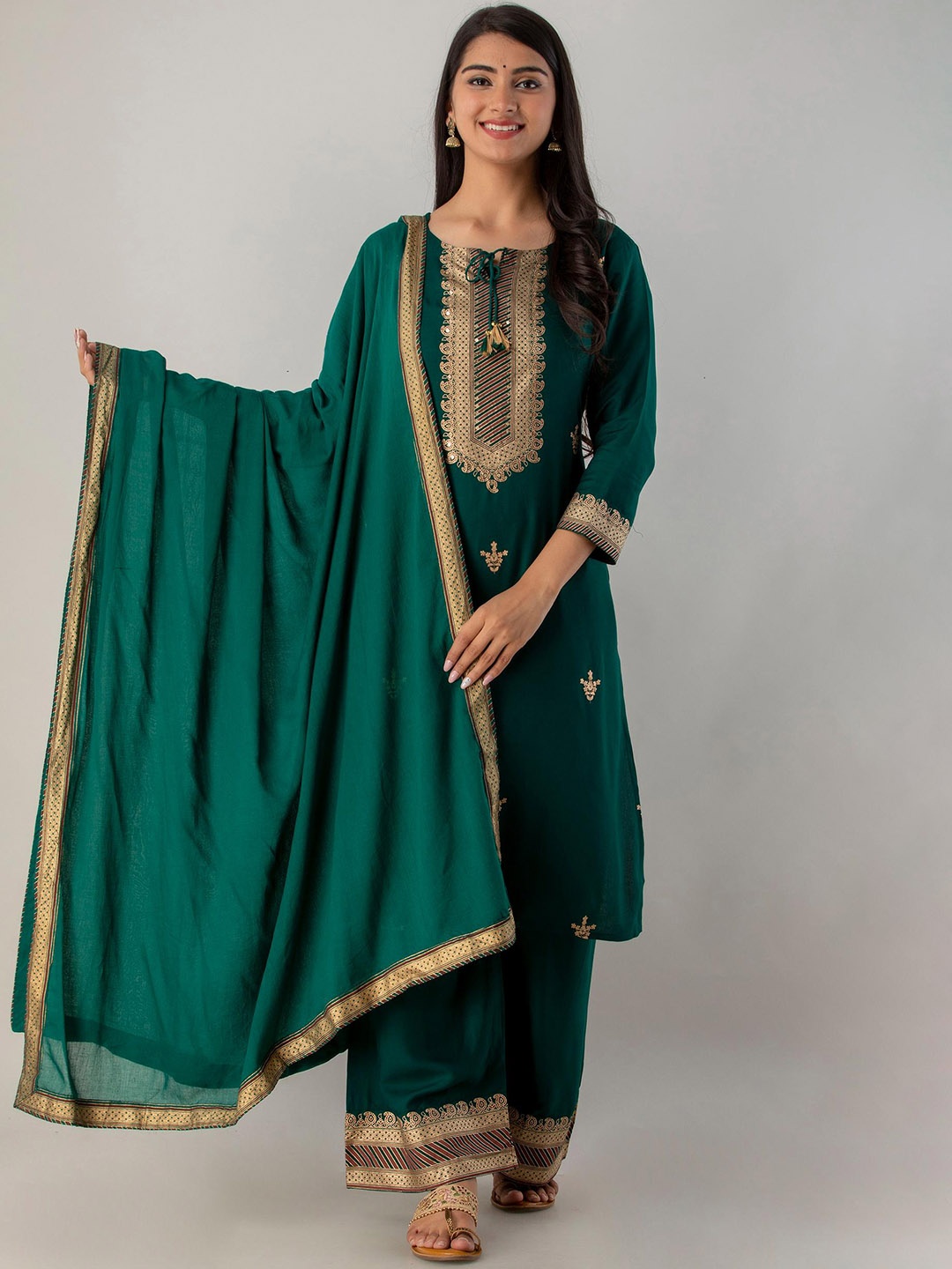 

KALINI Ethnic Motifs Printed Straight Kurta & Palazzos With Dupatta, Green