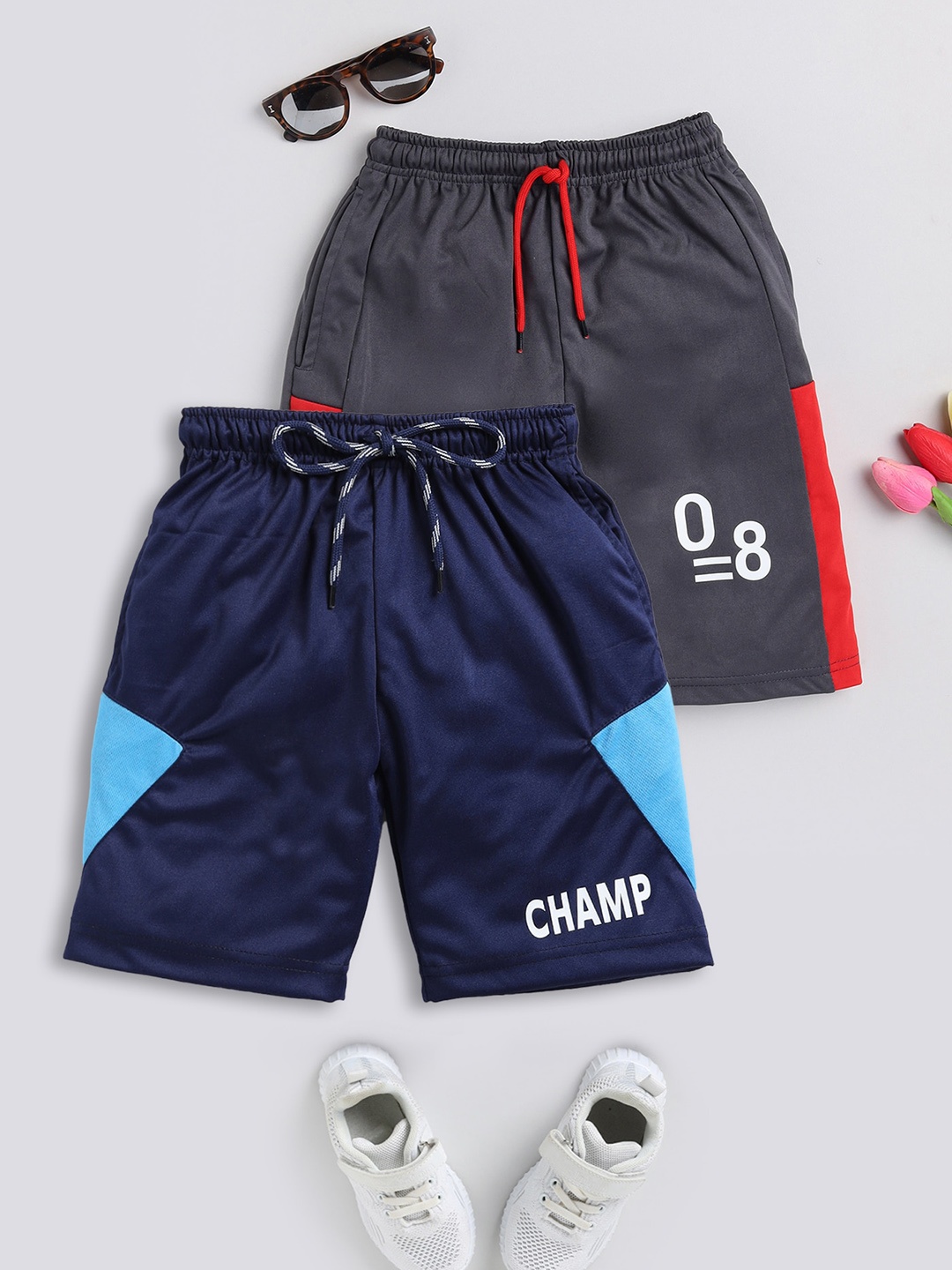 

Toonyport Boys Pack of 2 Typography Printed Cotton Sports Shorts, Navy blue